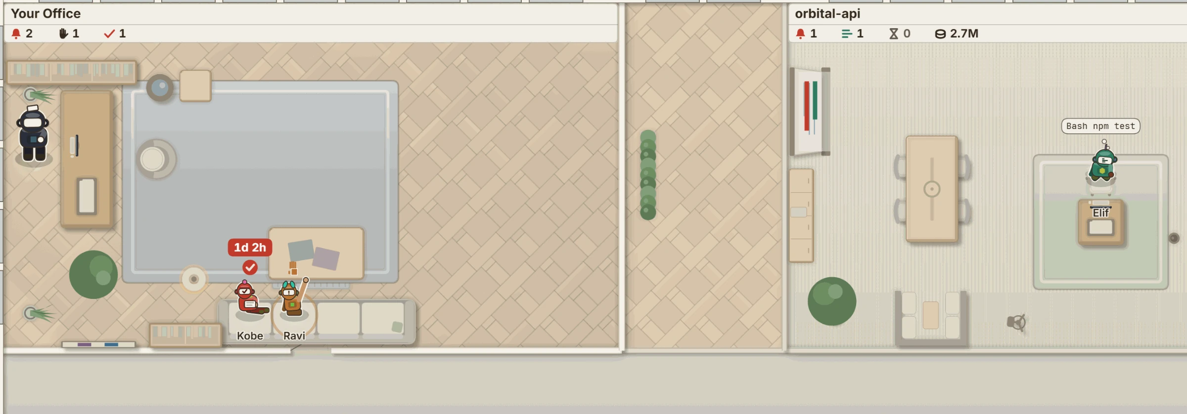 DeckHQ's office floor: your office on the left, a repository's room on the right, a session walking over to report
