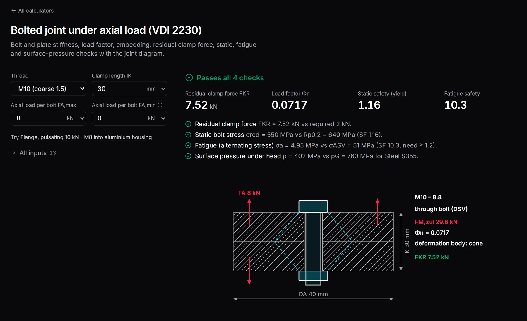 MechCopilot's bolted-joint calculator to VDI 2230, with its joint diagram