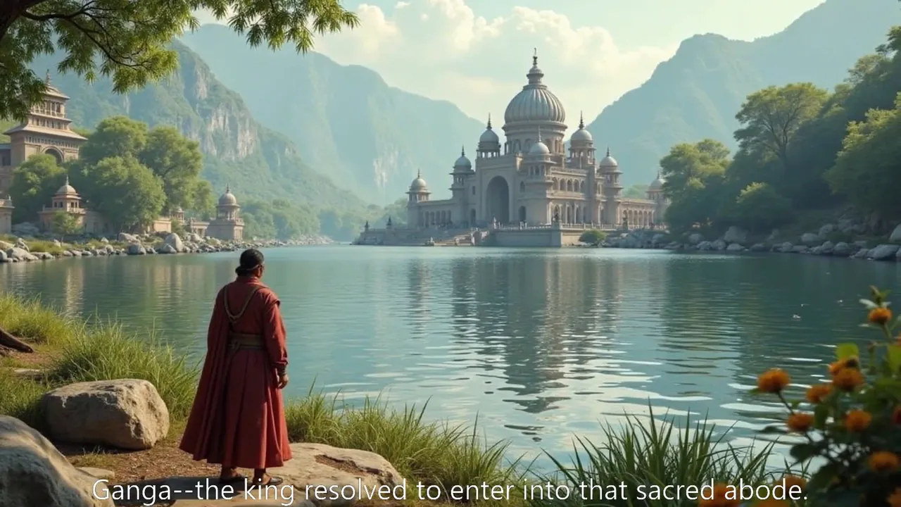 The same scene in the English episode: a figure in a red robe on a lakeshore, looking across the water to a domed palace below mountains, with English subtitles