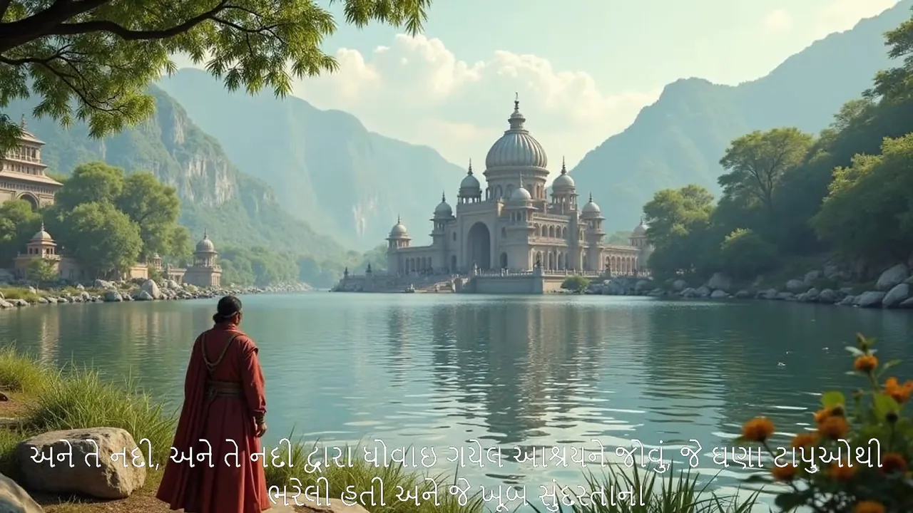 The same scene in the Gujarati episode: a figure in a red robe on a lakeshore, looking across the water to a domed palace below mountains, with Gujarati subtitles