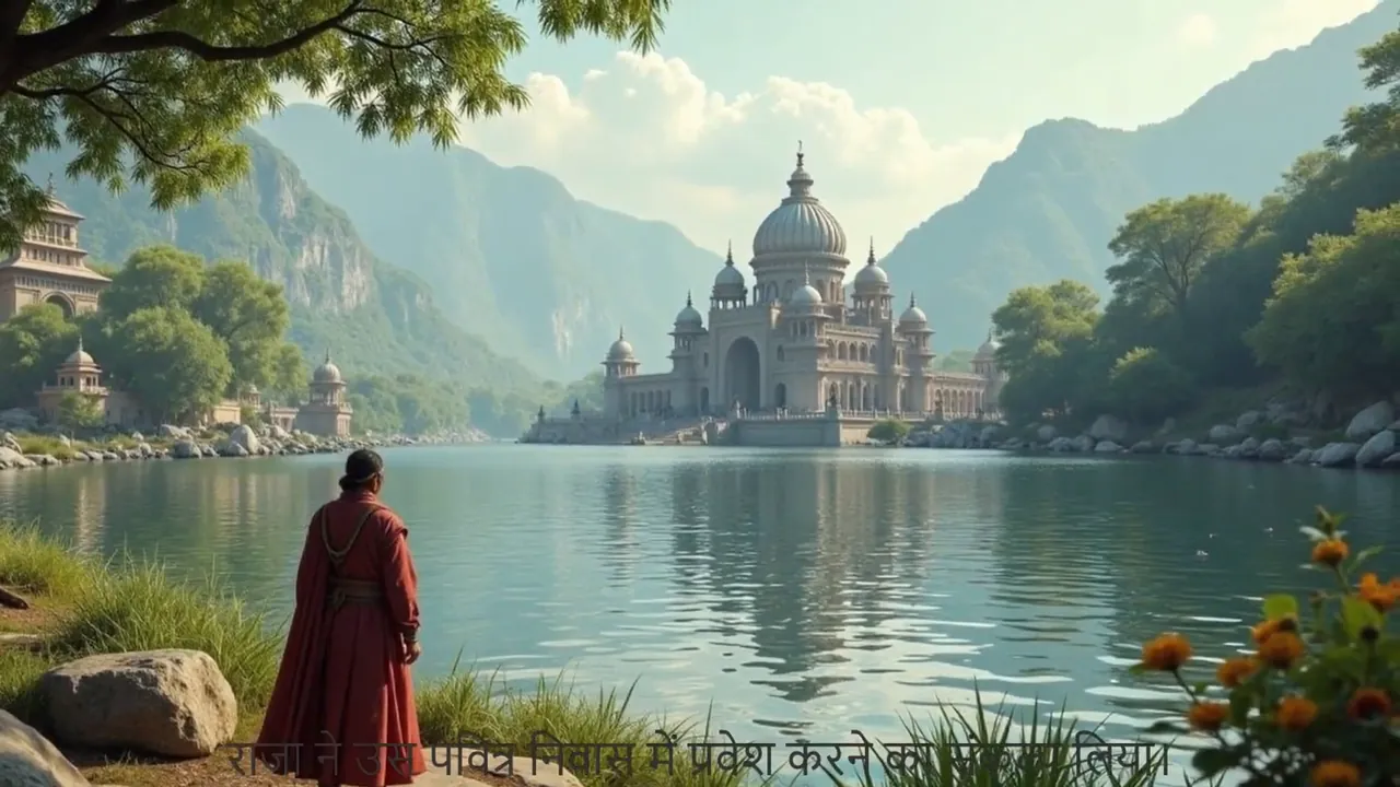 The same scene in the Hindi episode: a figure in a red robe on a lakeshore, looking across the water to a domed palace below mountains, with Hindi subtitles