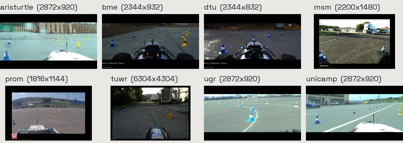 Eight camera frames from eight Formula Student teams, each with its own car, camera, resolution and mounting