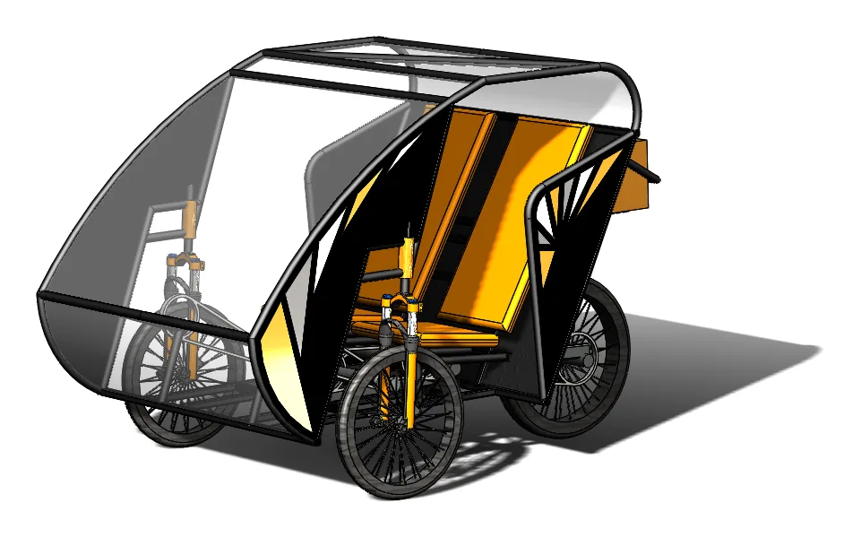 Efficycle CAD render, three-quarter view: a tubular frame with a canopy, two front wheels with suspension forks and one rear wheel