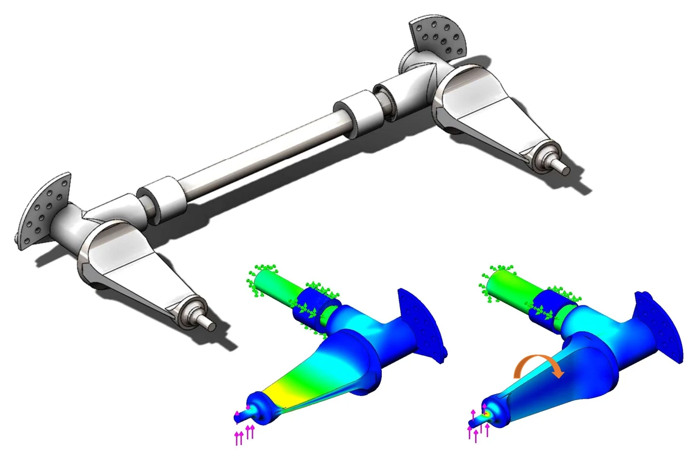 CAD render of the blade anti-roll bar, a torsion tube in two sleeves with a tapered blade arm at each end; below, two FEA results of one blade arm, held at the bar and loaded at the blade tip, with the blade flat and turned