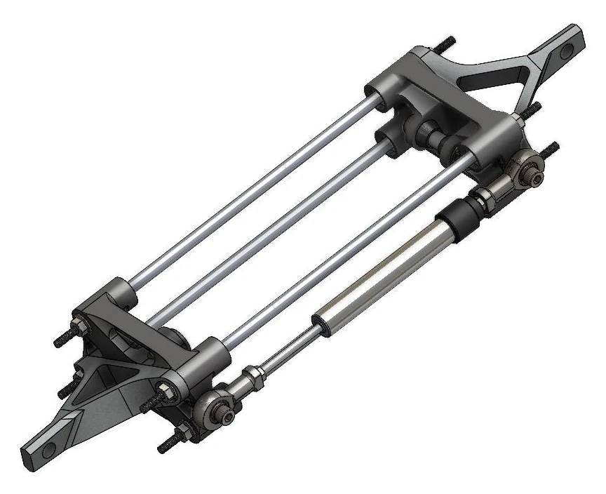 CAD render of the damper cage: two end yokes joined by four guide rods, with a spring-damper unit and rod ends held between them