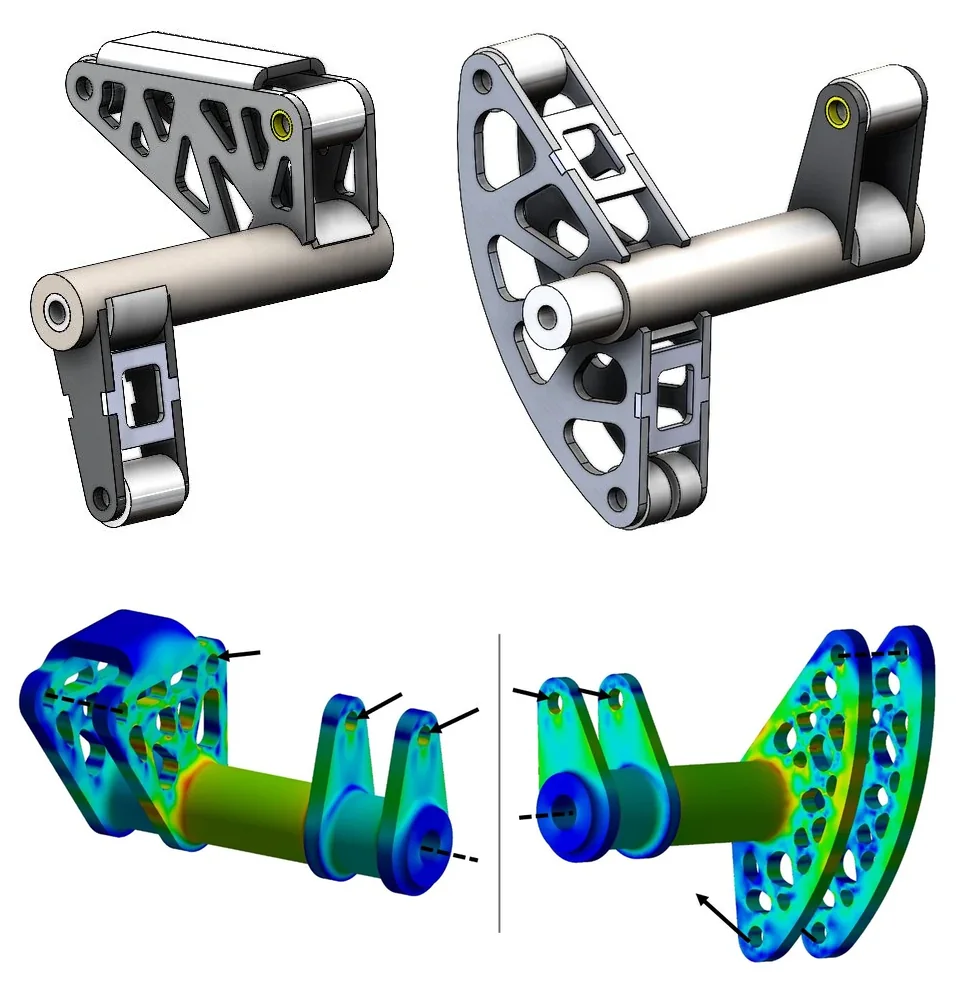 Above, CAD renders of the two rocker shaft assemblies side by side: a triangular lattice-cut rocker plate on a shaft, and a curved lattice-cut rocker plate on a shaft that ends in a clevis. Below, the same two in FEA: blue low stress, red high, highest where the rocker plates meet the shafts.
