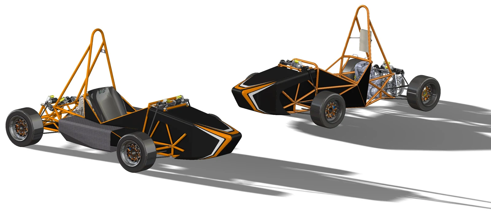 CAD render of two Formula Student cars side by side: on the left the 2020 car with its tubular rear frame, on the right the 2021 design with a plate rear bulkhead carrying the rear suspension and drive