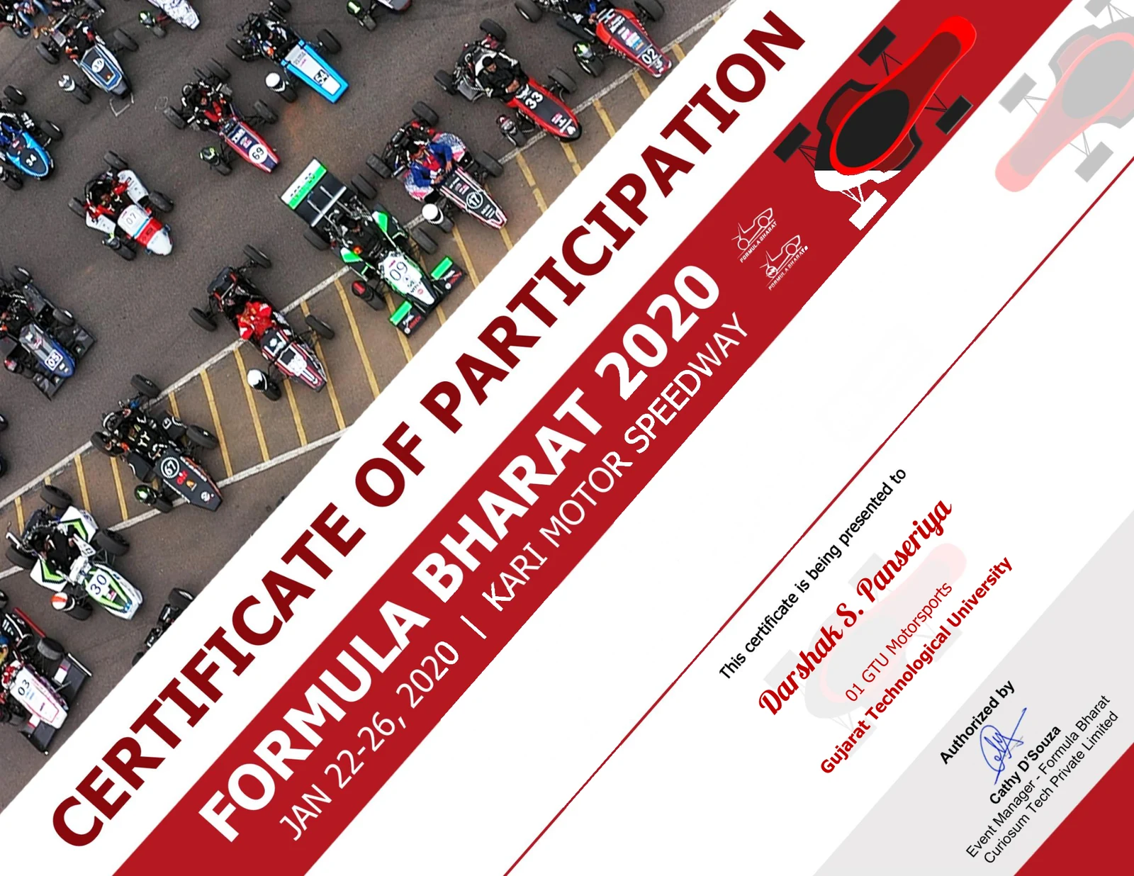Certificate of participation, Formula Bharat 2020, 22 to 26 January 2020, Kari Motor Speedway, presented to Darshak S. Panseriya, 01 GTU Motorsports, Gujarat Technological University